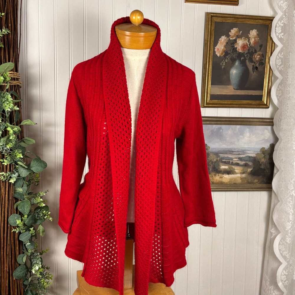 Kim Rogers Cardigan Sweater Womens Large Red Good Open Front Shawl Collar